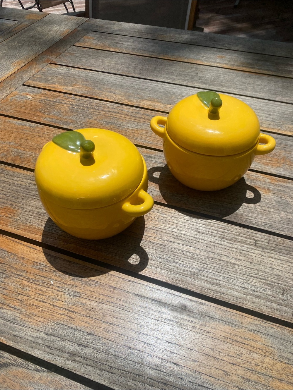 Vintage EARTHNWEAR Yellow Ceramic Apple cookers with Green Leaf Tops - Set of 2
